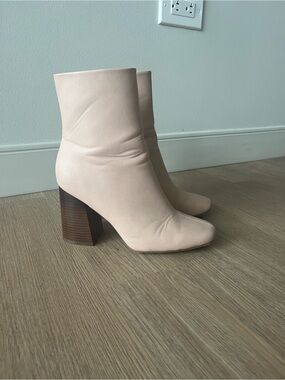 Women's Cream Leather Ankle Boot with Stacked Block Heel